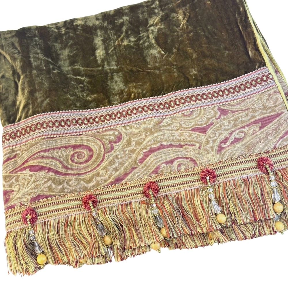 Reilly Chance Collection Velvet Table Runner Green Gold Paisley Beaded Fringe